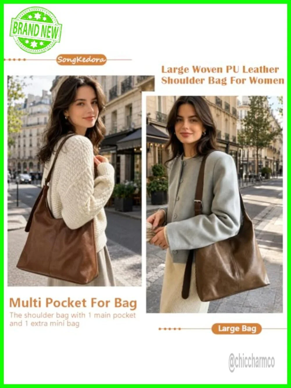 Large Hobo Bag Vegan Leather Shoulder Handbag Slouchy Tote Purse Travel